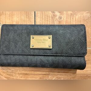 Michael Kors Black Leather Wristlet with Gold Logo Plate